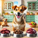 a dog standing in front of bowls of food